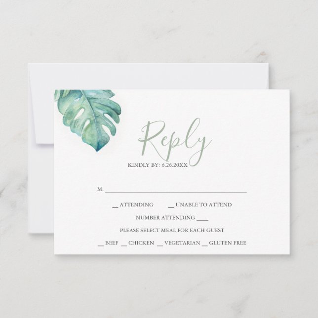 Boda tropical Tarjetas RSVP de color de agua verde (Anverso)