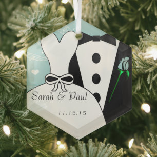 Boda Tux y Bown Primer Ornamento De Navidad
