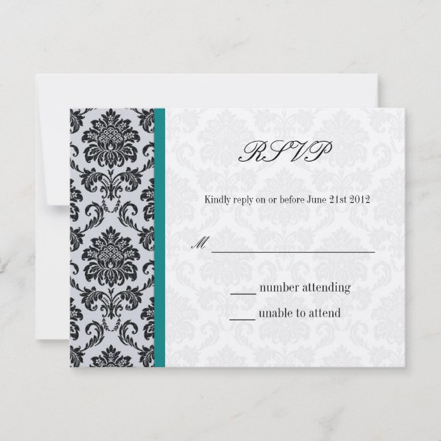 Boda verde azulada Monograma Damask Vintage RSVP (Anverso)