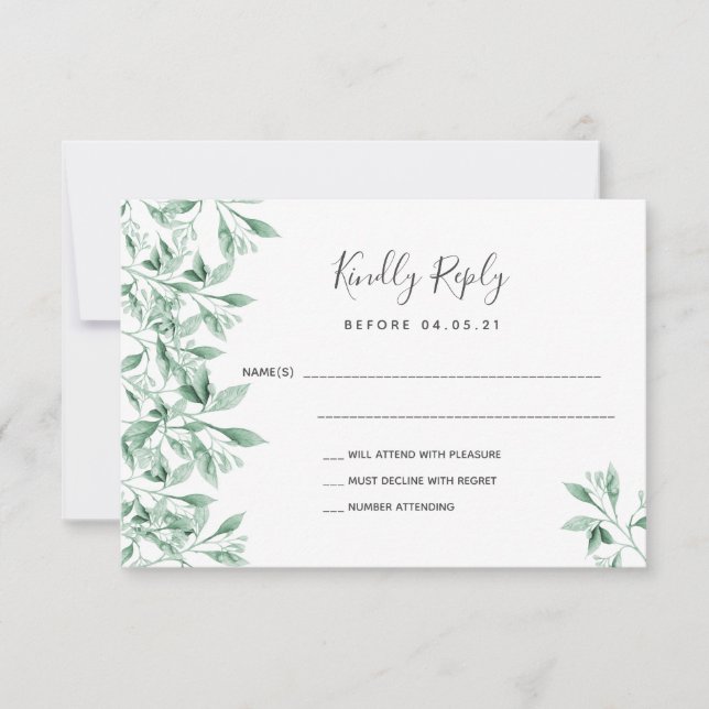 Boda verde blanco botánico RSVP (Anverso)