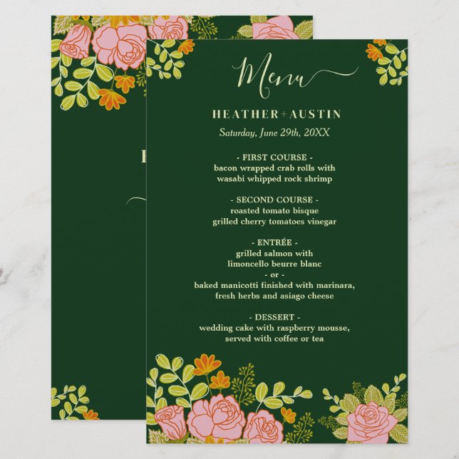 Boda verde oscuro floral Menú de decoración botáni (Anverso / Reverso)