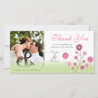 Boda verde rosa Gracias Tarjeta de plantilla de fo