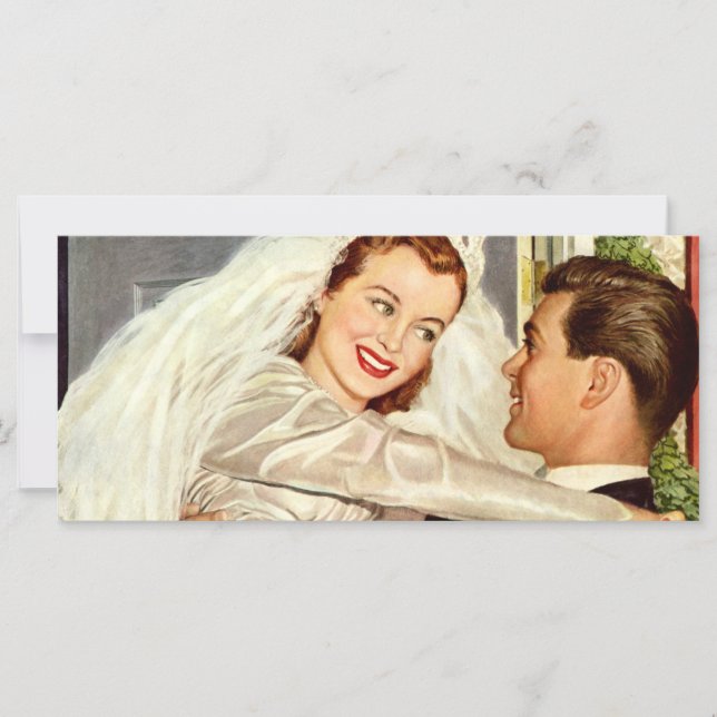 Boda Vintage, recién casados, novia feliz y novio (Anverso)