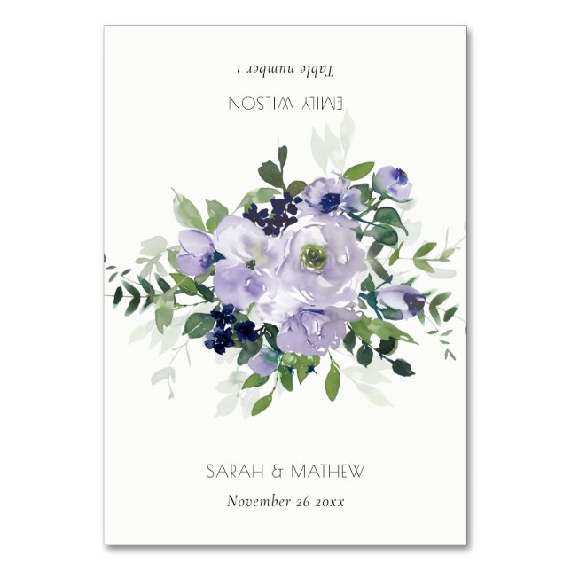 Boda violeta morado floral plegado tarjetas de lug (Anverso)
