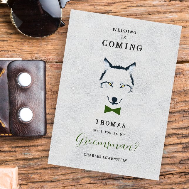 Boda Wolf Groomsman Gray Shades Green Bow (Grey Shades Groosman Proposal Card with Green Bow Tie Featuring Wedding Wolf Design.)