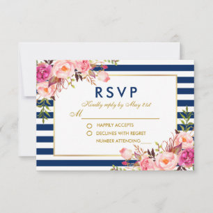 Bodas de Acuarela Floral Rosa Azul Rayas RSVP