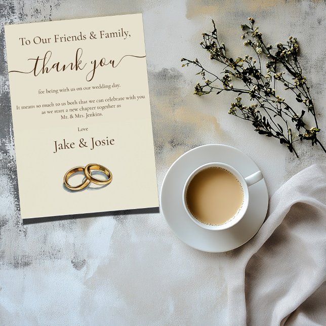 Bodas de oro anillos gracias tarjeta de mesa (To our friends & family thank you, wedding card with an illustration of 2 gold wedding rings.)