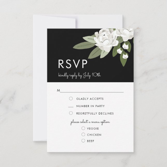 Bodas florales blancos, tarjeta de menú RSVP (Anverso)