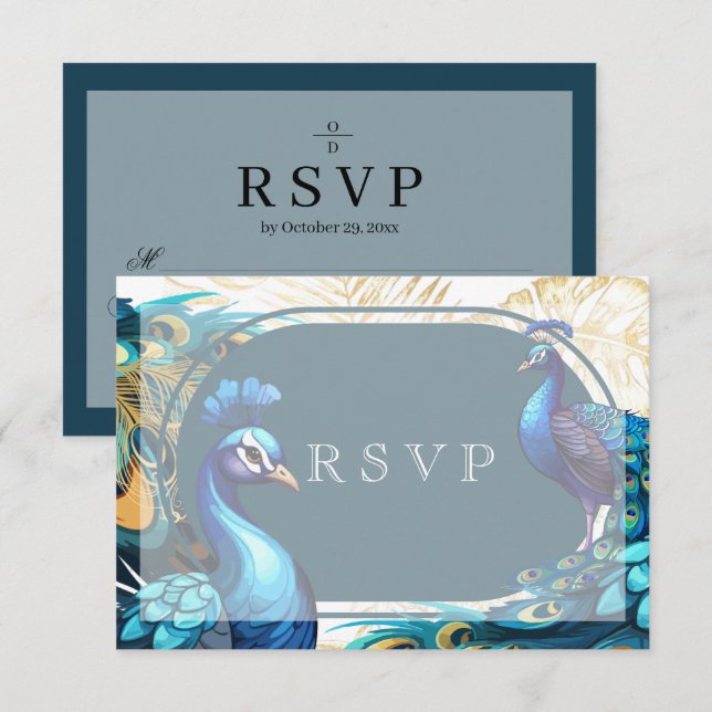 Bodas Plumas De Pavos Reales Premium Rsvp  (Anverso / Reverso)