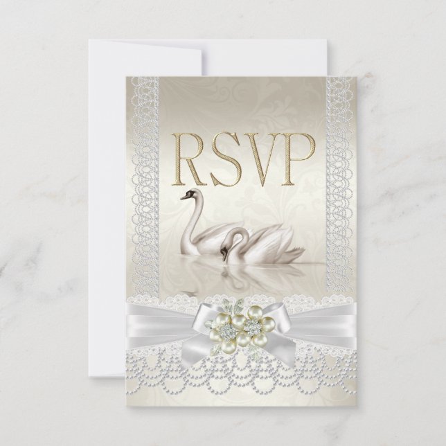 Bodas RSVP Cisnes Blancos Perla Encaje Damasco (Anverso)