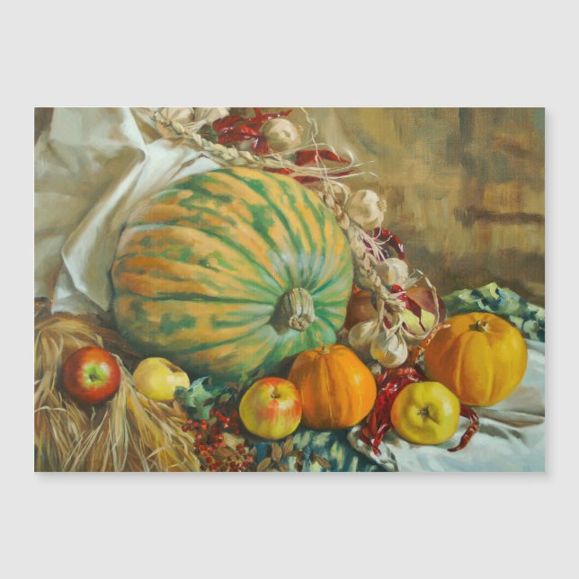 Bodegón de cosecha rústica con calabazas y manzana (Anverso)