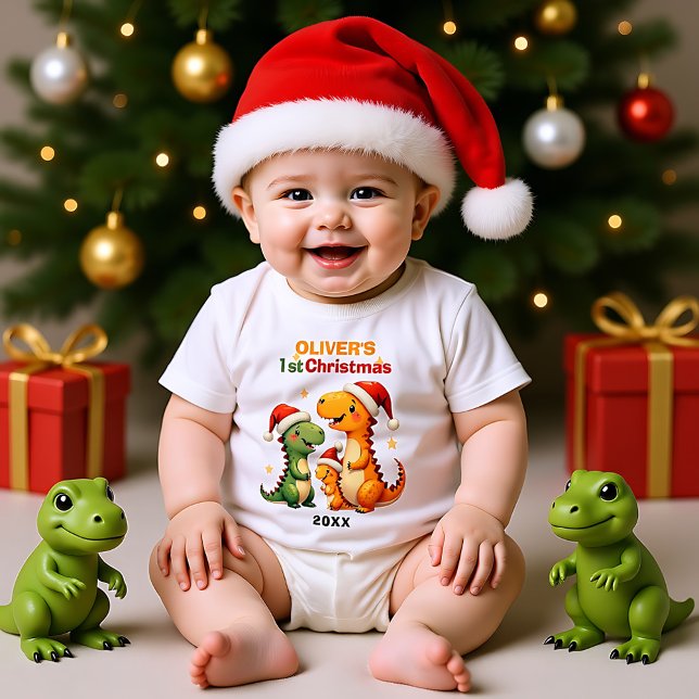 Body Para Bebé 1ª Navidad, texto personalizado, Santa-Saur Squad (1st Christmas, own text, Santa-Saur Squad Baby Bodysuit)