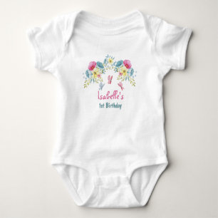 Body Para Bebé 1.ᵉʳ cumpleaños Mariposas y flores azules rosadas