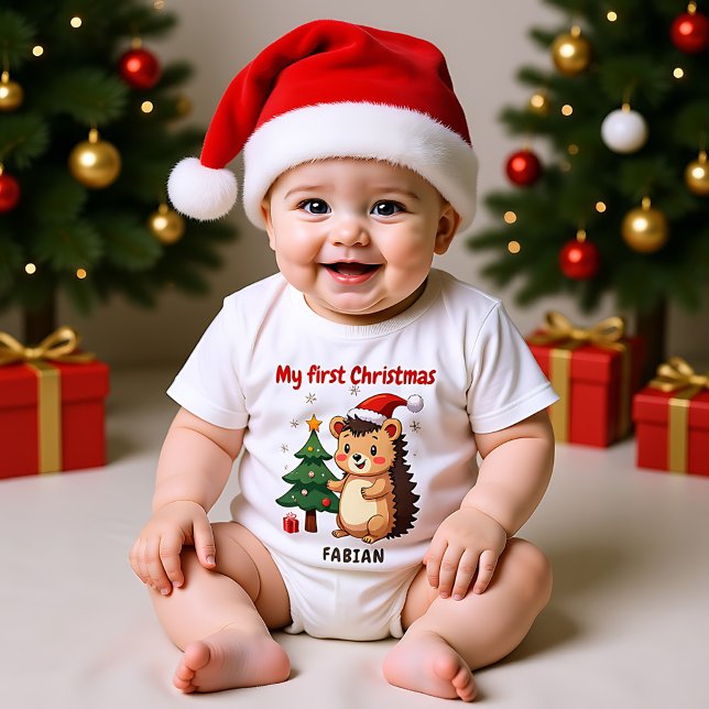 Body Para Bebé 🎄1er Navidad, texto personalizado, Erizo Alegre H (🎄1st Christmas, custom text, Prickle Me Festive Baby Bodysuit)