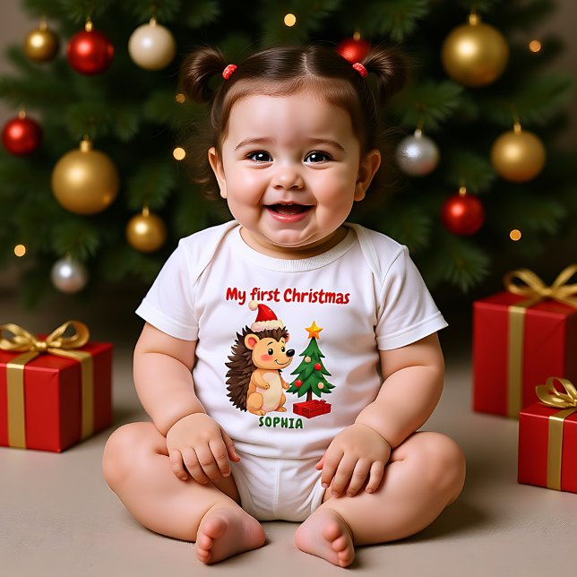 Body Para Bebé 🎄1er Navidad, texto personalizado, Prickle Me Fes (🎄1st Christmas, custom text, Prickle Me Festive Baby Bodysuit)