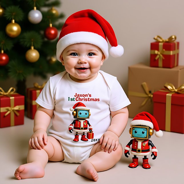 Body Para Bebé 🎄1er Navidad, texto personalizado, Trineos de San (🎄1st Christmas, custom text, Santa-Bot Sleighs Baby Bodysuit)