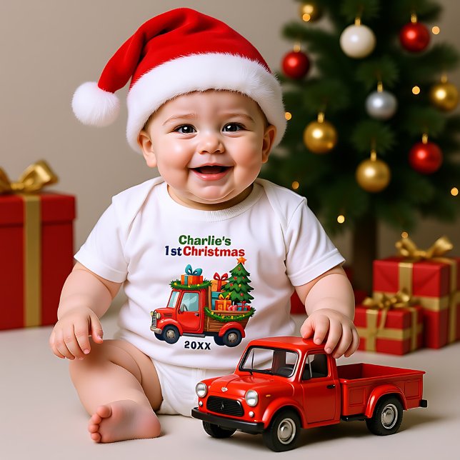 Body Para Bebé 1st Christmas, cown text, Tree Haulin’ & Gift Ball (1st Christmas, cown text, Tree Haulin’ & Gift Ball Baby Bodysuit)