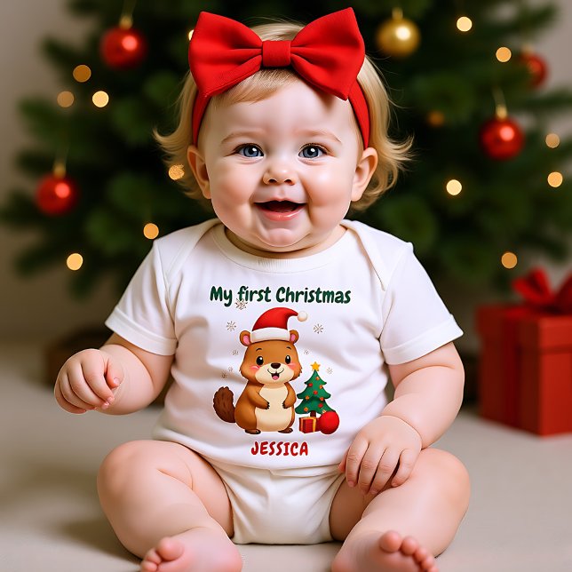 Body Para Bebé 🎄1st Christmas, custom text, Tree-Mendous Debut (1st Christmas, custom text, Festive Fox Trot Baby Bodysuit)