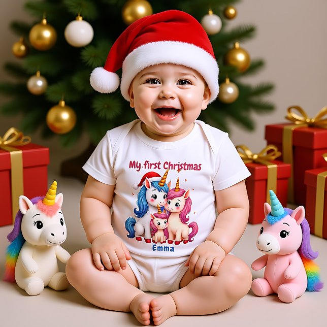 Body Para Bebé 🎄1st Christmas, custom text, Unicorns & Mistletoe (🎄1st Christmas, custom text, Unicorns & Mistletoe Baby Bodysuit)