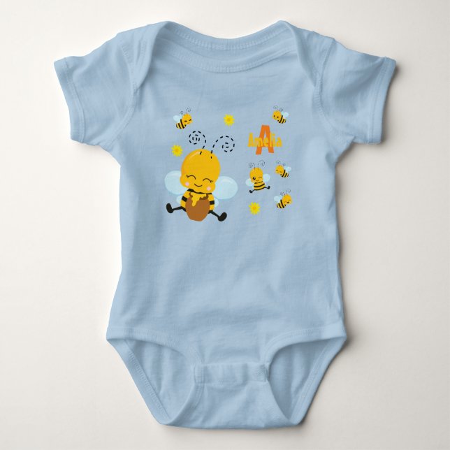 Body Para Bebé Abeja de burbuja feliz con flores azules (Anverso)