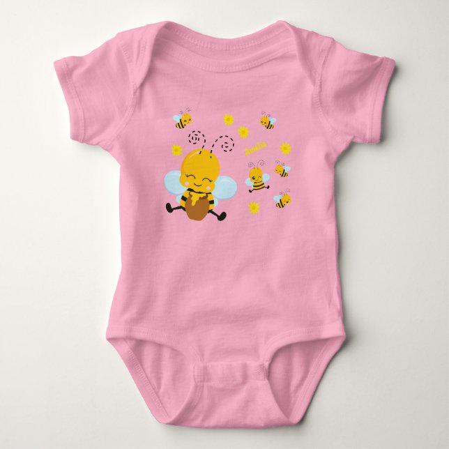 Body Para Bebé Abeja de burbuja feliz con flores rosadas (Anverso)