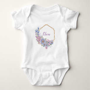 Body Para Bebé Acuarela Azul y Floral Personalizado Morado