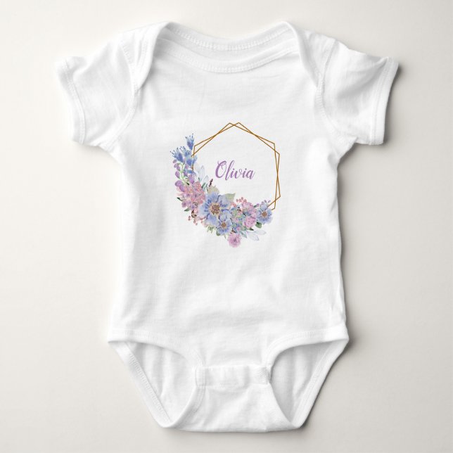 Body Para Bebé Acuarela Azul y Floral Personalizado Morado (Anverso)