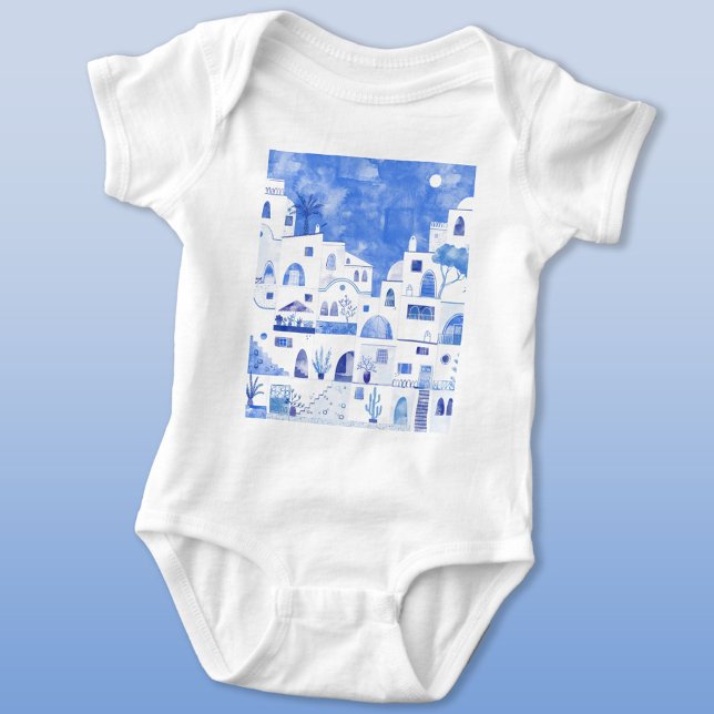 Body Para Bebé Acuarela de la isla griega de Santorini (Santorini Oia Greek Island Mediterranean watercolor art baby bodysuit)