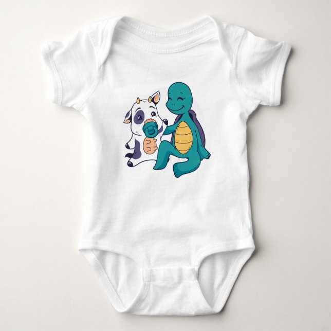 Body Para Bebé Adorable Cow and Turtle Hugging Cartoon  (Anverso)