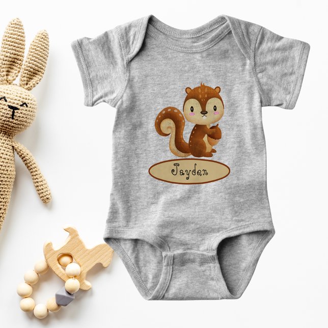Body Para Bebé Adorable Kawaii Ardilla sosteniendo tu nombre de b (Adorable Kawaii Squirrel Holding Acorn Your Name Baby Bodysuit)
