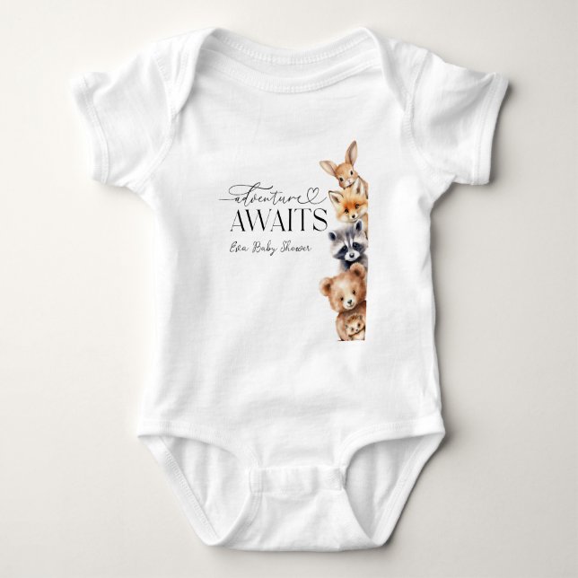 Body Para Bebé Adventure Awaits Woodland Animals Baby Shower (Anverso)