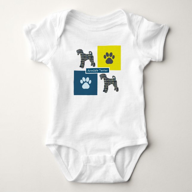 Body Para Bebé Airedale Terrier Dog & Paw Yellow & Blue Grid (Anverso)