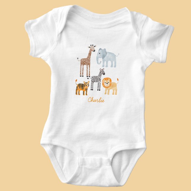 Body Para Bebé Animales de Safari de Bebé Tiernos Nombre Personal (Fun cute watercolor baby safari animals baby body suit)