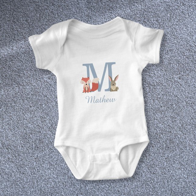 Body Para Bebé Animales del Bosque Niño Azul Inicial Monograma (Woodland Animals Blue Baby Boy Initial Monogram Baby Bodysuit)