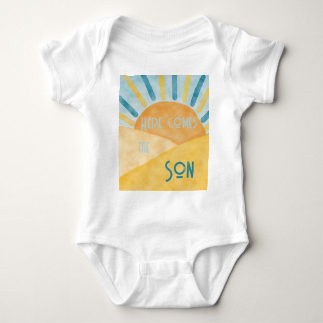 Body Para Bebé Aquí viene Son Sunshine Blue Ray Boy Baby Shower (Anverso)