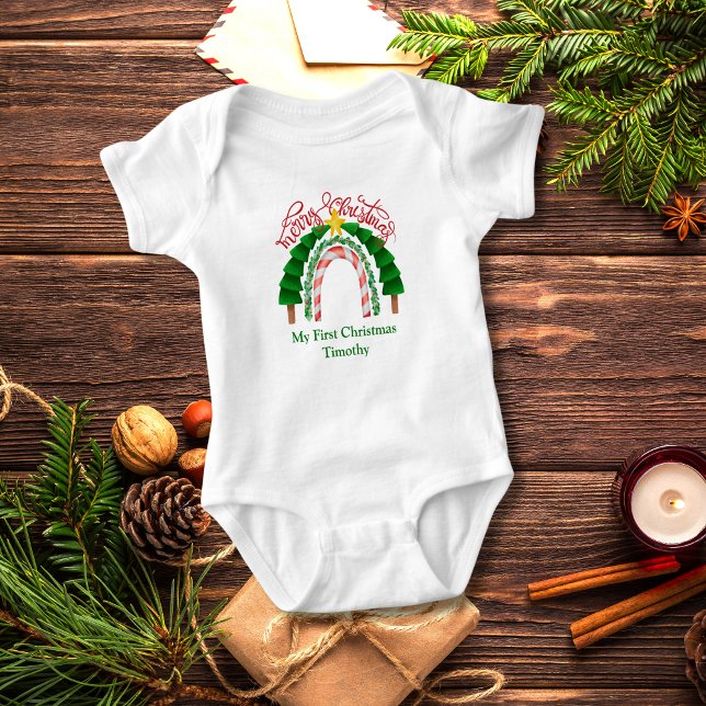 Body Para Bebé Arcoiris de Navidad Rojo Verde Mi 1er Navidad  (My First Christmas Personalized Baby Body Suit. Gift for Baby Boy or Girl)