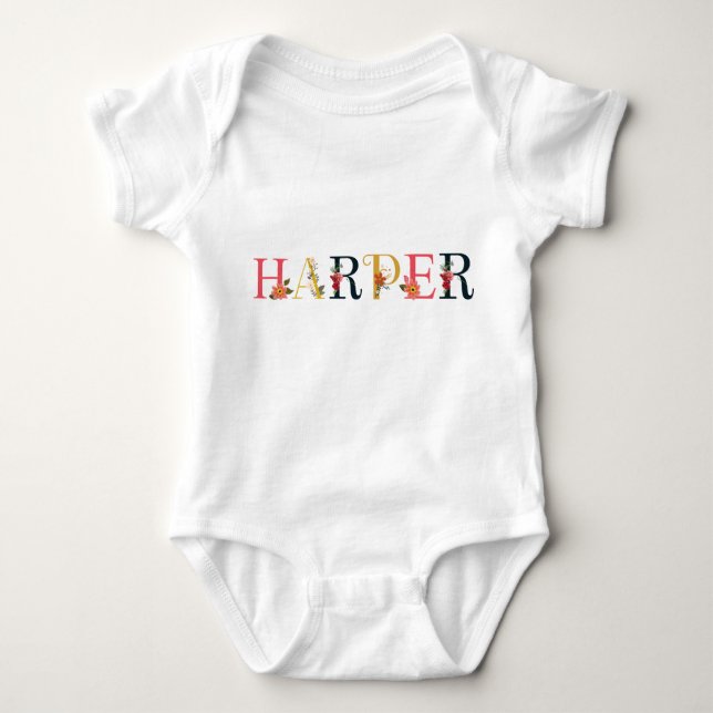 Body Para Bebé Arte de nombre HARPER con flores bordadas (Anverso)