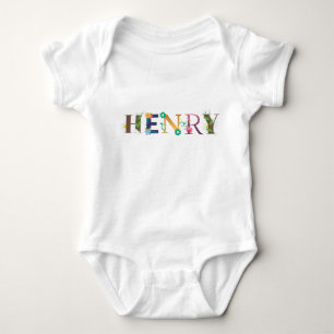 Body Para Bebé Arte de nombre HENRY con flores bordadas