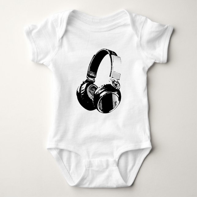 Body Para Bebé Auriculares de arte pop blanco y negro (Anverso)