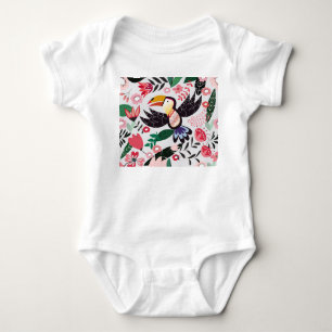 Body Para Bebé Aves tropicales, patrón de doodle floral.