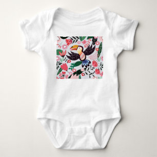 Body Para Bebé Aves tropicales, patrón de doodle floral.