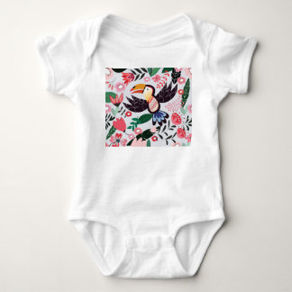 Body Para Bebé Aves tropicales, patrón de doodle floral.