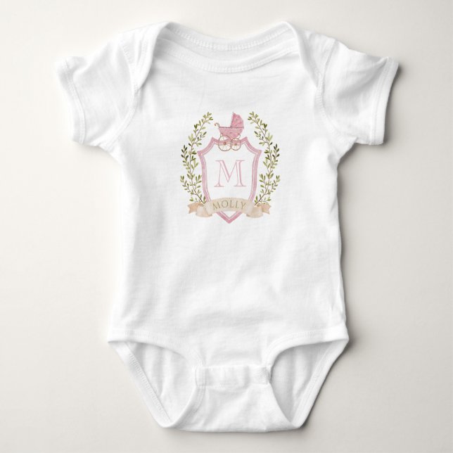 Body Para Bebé Baby Carriage Crest Monogram | Pink Baby Shower (Anverso)