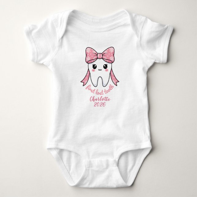 Body Para Bebé Baby First Tooth Pink Bow Milestone Kawaii Tooth (Anverso)
