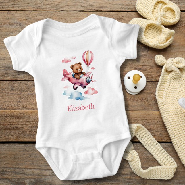 Body Para Bebé Baby Girl Bear Flying Airplane Baby Gift (Girl Bear flying an Airplane personalized baby girl body suit. Baby shower gift. New baby girl gift)