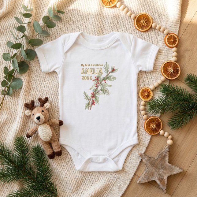 Body Para Bebé Baby`s First Christmas Holly Winter Foliage (Subido por el creador)