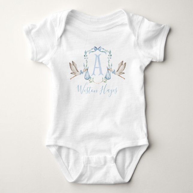 Body Para Bebé Baby Shower Preppy Southern Blue Stork Boy (Anverso)
