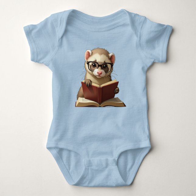 Body Para Bebé Baby T-shirt with baby ferret reading a book. (Anverso)