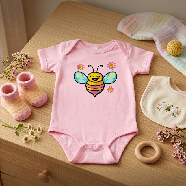 Body Para Bebé Bebé Abeja Kawaii Sonriente Feliz con Flores Linda (Happy Smiling Kawaii Baby Bee with Cute Flowers. Baby Pink Bodysuit)