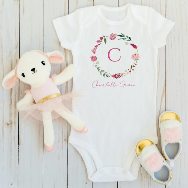 Body Para Bebé Bebé Chica Monograma Acuarela Rosa Flora (Baby Bodysuit)
